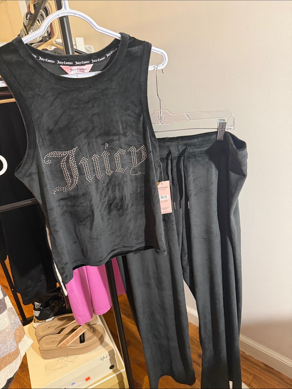 Juicy Couture Black Velour Studded Logo Tank & Pants Set